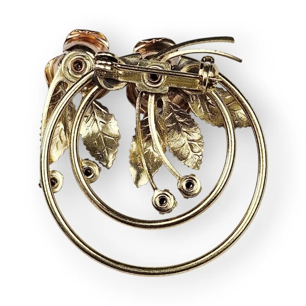 Vintage Double Rose Brooch Two Tone Brushed Gold Plated Rhinestone Floral Spray
